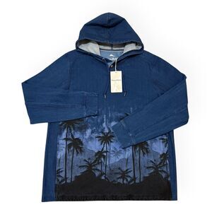 Tommy Bahama Palm Flurry Baja Hoodie Indigo Blue Palm Print Stretch Men Size M